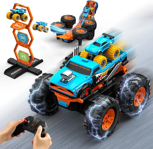 Juguetes de Camión Monstruo 2 en 1 con Pista Lanzadora de Transformación – Coche de Control Remoto RC 1:16 con Volteos de 360° y Acrobacias