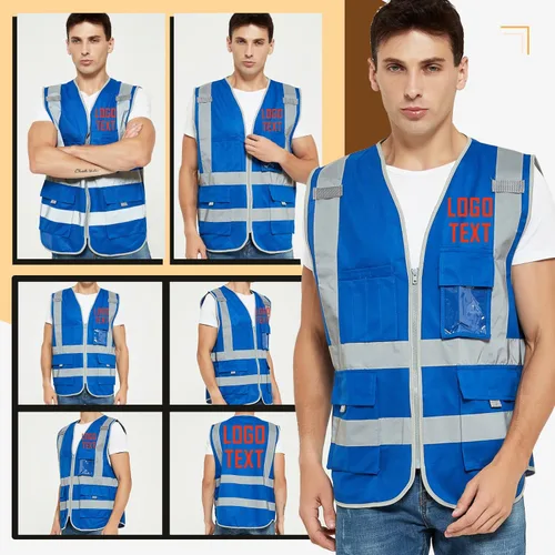 Miniatura 3 de TopTie Personaliza tu logotipo reflectante chaleco de seguridad cremallera frontal con 9 bolsillos, cumple con las normas ANSI/ISEA Clase 2 Azul