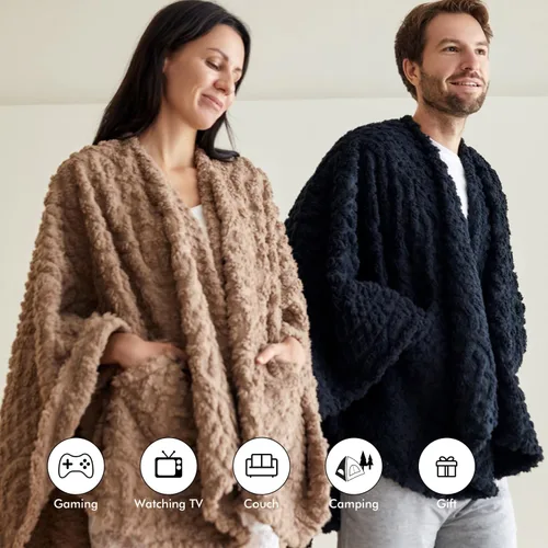 Miniatura 4 de Royoliving Manta de forro polar sherpa portátil con bolsillos para adultos, manta de franela ultra suave y mullida (negra, 58" x 64")