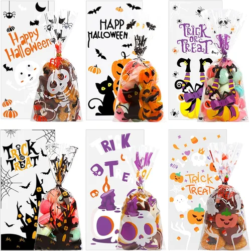 Miniatura 4 de DIYASY Paquete de 180 bolsas de celofán de Halloween, bolsa de plástico para dulces para niños, bolsas transparentes para aperitivos, recuerdos