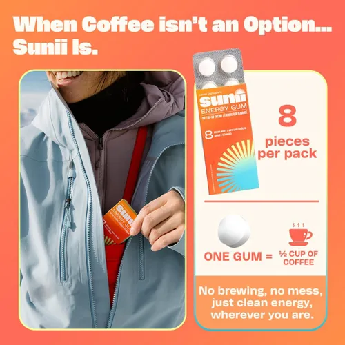 Miniatura 5 de Sunii - Goma de Mascar Energética - Impulso Rápido de Energía y Enfoque - Goma de Mascar con 50mg de Cafeína, Sabor a Menta Fresca - Vitaminas B6