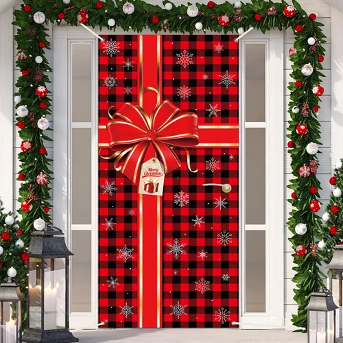 Cartel de Navidad para puerta, decoración de Feliz Navidad, búfalo a cuadros rojos y negros, telón de fondo de caja de regalo de Navidad, lazo,