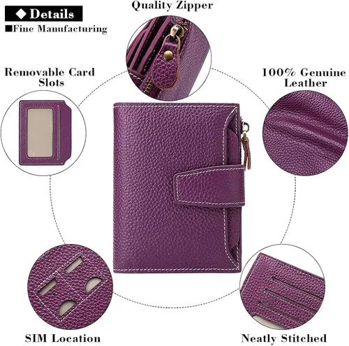 Miniatura 5 de FALAN MULE - Cartera de cuero auténtico para mujer pequeña plegable compacta con interferencia de radiofrecuencia RFID