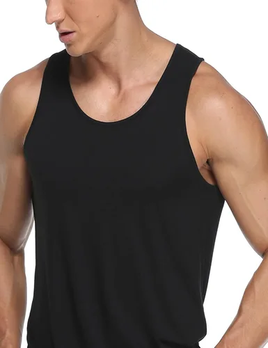 Miniatura 3 de COLORFULLEAF Camisetas sin mangas de rayón de bambú para hombre, camisetas sin mangas elásticas con cuello redondo (1 o 3)