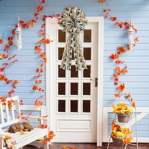 Miniatura 6 de Whaline Cinta de tela de calabaza de otoño con borde con alambre, cinta de tela de calabaza azul, cintas vintage para envolver para cosecha
