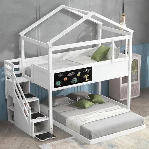 Miniatura 29 de Litera de casa individual sobre cama individual con tobogán convertible y nido, litera de madera maciza con techo y ventana para niños, verde-blanco