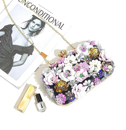 Miniatura 5 de Bolso de noche floral para mujer, bordado con cuentas, bolso de mano vintage con perlas, elegante bolso cruzado de hombro