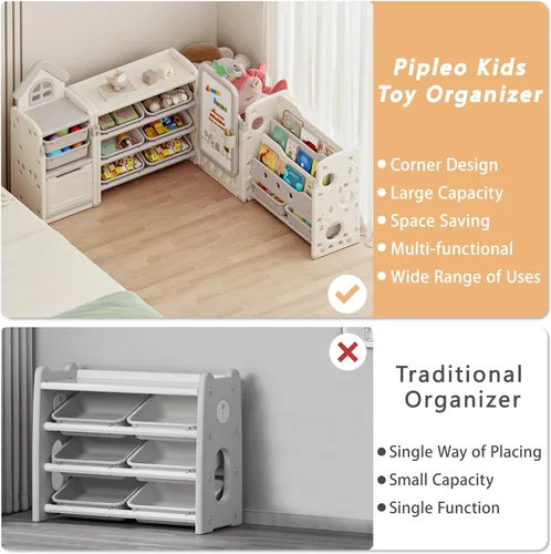 Miniatura 6 de Organizador de Almacenamiento de Juguetes para Niños con 10 Cubos Extraíbles, Organizadores de Juguetes Plegables y Almacenamiento con Estantería