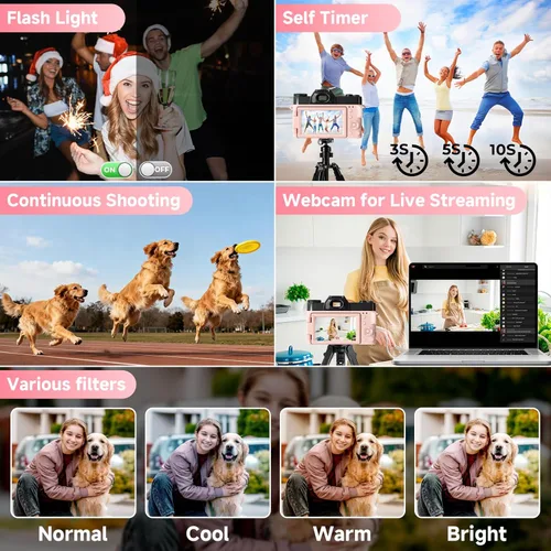Miniatura 6 de Cámara digital 5K para fotografía, cámara de vlogging WiFi UHD de 75 megapíxeles para YouTube, cámara compacta con pantalla abatible de 3" 180°, Rosa