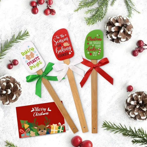 Miniatura 2 de Juego de 3 espátulas de silicona de Navidad con tarjeta de felicitación de Navidad, raspador resistente al calor de grado alimenticio que conecta