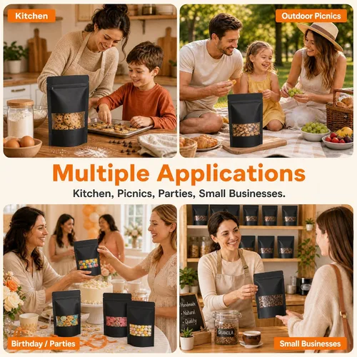 Miniatura 6 de 100 bolsas de papel kraft negro con ventana, bolsas de pie de 3.5 x 5.5 pulgadas, bolsas de almacenamiento de alimentos para productos de embalaje