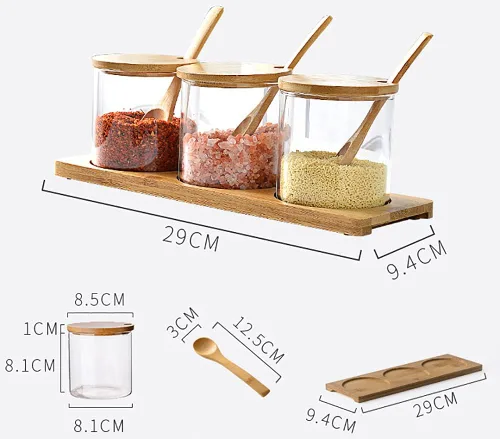 Miniatura 2 de Lawei Juego de 3 tarros de condimentos con tapas y cucharas – Tazones de cristal para azúcar y sal para servir azúcar, especias y sal