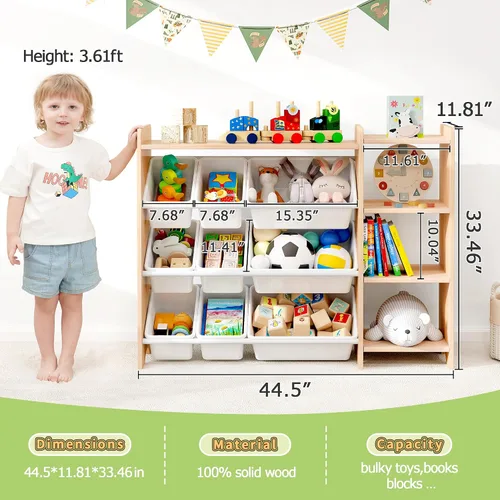 Miniatura 14 de MallBest Estante organizador de almacenamiento de juguetes para niños de 4 niveles, 100% madera maciza, armario de almacenamiento para niños con 9