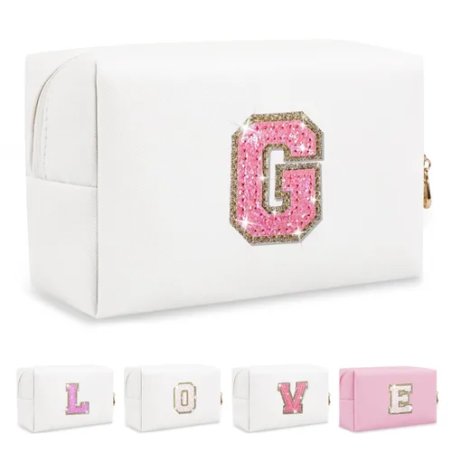 Miniatura 337 de Pequeña bolsa de maquillaje personalizada con inicial A-Z Preppy Patch, bolsa de cosméticos de viaje de felpilla blanca con cremallera, bonita bolsa
