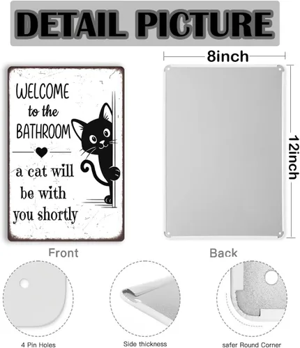 Miniatura 3 de Divertida decoración de baño – Welcome to the Bathroom A Cat Will Be With You Shortly – Cartel de metal de gato negro para baño, inodoro o tocador