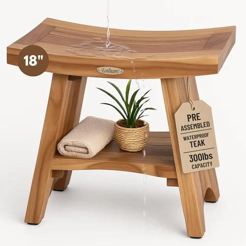 EcoDecors Banco de ducha de teca con estante de 18", capacidad de 300 lb – Asiento de spa de madera impermeable completamente ensamblado para