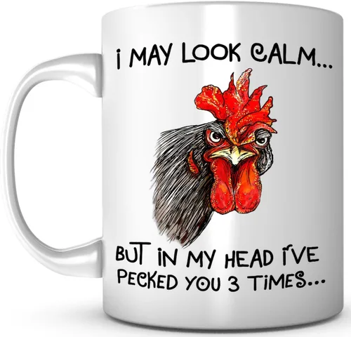 Miniatura 6 de Taza de café de cerámica con texto en inglés "I May Look Calm But in My Head I've Pecked You 3 Times", divertida taza de regalo de gallo de pollo