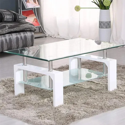 Miniatura 8 de Mesa de centro rectangular de vidrio, mesa de centro lateral de patas de madera de ingeniería moderna con estante inferior, mesa de centro de vidrio