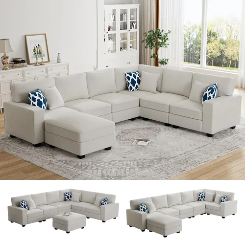 Miniatura 22 de Legend Vansen - Sofá modular seccional en forma de U con otomano, moderno, reversible, de esquina, para sala de estar (Créma, Sofá en forma de U-3)