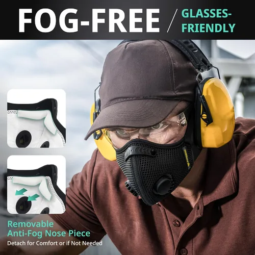 Miniatura 5 de FIGHTECH Máscara antipolvo – 3 tamaños – Mascarilla reutilizable con filtros de carbono y válvulas de aire para carpintería, construcción, mudanza