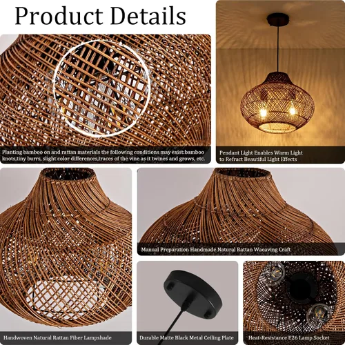 Miniatura 4 de Lámpara Colgante de Ratán Marrón Oscuro de 2 Luces, 14.96" Luz Colgante Redonda Rústica, Lámpara Colgante de Mimbre Curry Candelabro de Ratán Tejido
