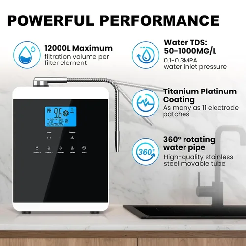 Miniatura 4 de Máquina ionizadora de agua alcalina para el hogar, 11 placas de titanio, máquina de agua alcalina, purificador de agua ácido pH 4-10.5, filtro