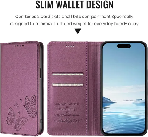 Miniatura 8 de Butterfly Embossed Leather Wallet Flip Case for Motorola Moto E22 4G, Magnetic Closure, RFID Blocking Cover, Card Holder Purple.
