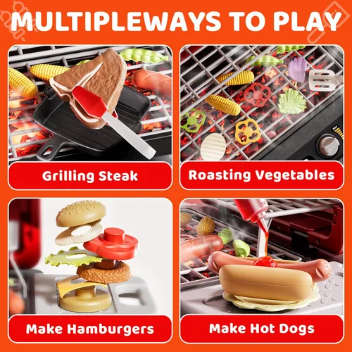 Miniatura 4 de Juguetes de cocina para niños, juego de parrilla BBQ para niños, juguete de barbacoa de 2 niveles con ruedas, sonido de humo y luz, juego