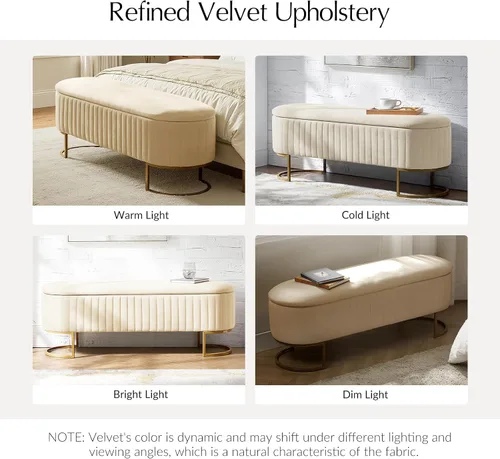 Miniatura 4 de EcoHarbor Living Banco de almacenamiento de 50.5" para pasillo, otomano tapizado con extremo de cama de terciopelo con patas doradas, reposapiés