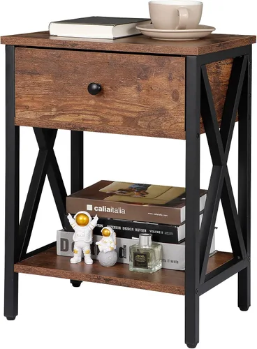 Miniatura 7 de SUPER DEAL Juego de 2 mesitas de noche con cajón y estante de almacenamiento, mesita de noche industrial, marco en X de metal resistente