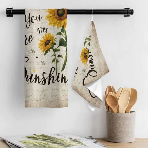 Miniatura 3 de Toallas de cocina rústicas de girasol, papel de periódico retro marrón rústico de microfibra absorbente para platos de cocina, toalla de baño