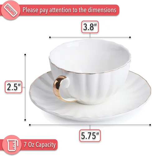 Miniatura 3 de BTaT- Tazas de capuchino con platillos de 7 onzas, juego de 6, diseño de borde dorado Juego de tazas de café de porcelana blanca, apto