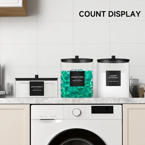 Miniatura 3 de Paquete de 3 tarros de vidrio y soporte acrílico para secadora, contenedor de cápsulas de lavandería con tapa de bambú y tazas medidoras