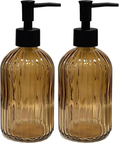 14Oz Black Pump Glass Soap Dispenser, Brown Stripe Countertop Refillable Liquid Bottle Hand Dish Lotion Dispenser with Plastic Pump, for Kitchen,