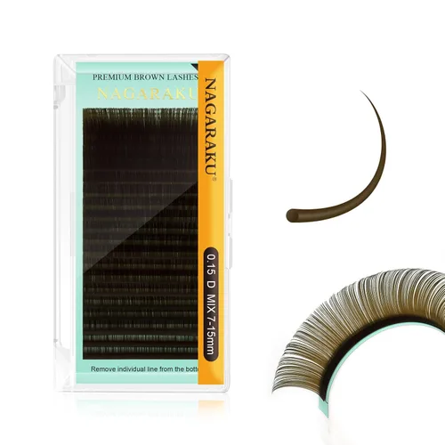 Miniatura 20 de NAGARAKU Extensiones de pestañas de color marrón oscuro 0.003 in, rizo B, 0.276-0.591 in, bandeja mixta, pestañas individuales, volumen de visón