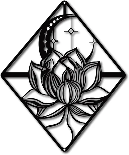 Miniatura 9 de CREATCABIN Arte de pared de loto de metal con diseño de luna y flores, adornos negros, letreros para decoración de pared, escultura colgante