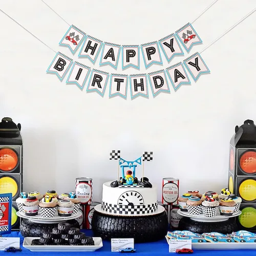 Miniatura 3 de Retro Happy Birthday - Decoración de fiesta temática de carreras, pancarta de cumpleaños para fanáticos de las carreras