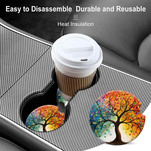 Miniatura 6 de Portavasos para automóvil, árbol de la vida con hojas, posavasos de cerámica antideslizante con agarre para la punta del dedo, accesorios interiores