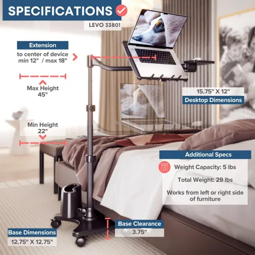 Miniatura 7 de LEVO G2-801 Deluxe - Soporte rodante para laptop con bandeja para ratón, color bronce y negro