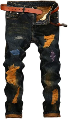 utcoco Pantalones de mezclilla clásicos para hombre, corte delgado, cintura media, pierna recta, agujeros rasgados, rasgados, jeans