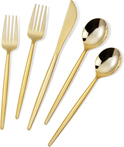 Miniatura 16 de MirthMood - 36 cubiertos de plástico dorados, cubiertos dorados desechables, utensilios desechables resistentes, juego de cubiertos de plástico