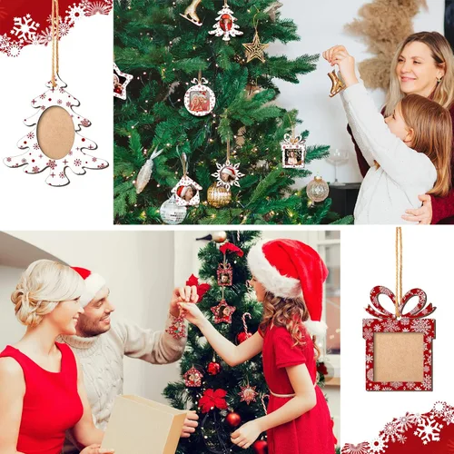 Miniatura 7 de 12 piezas de adornos de Navidad, marcos de fotos de copo de nieve de madera para árbol de Navidad, pequeños marcos de fotos colgantes para árbol