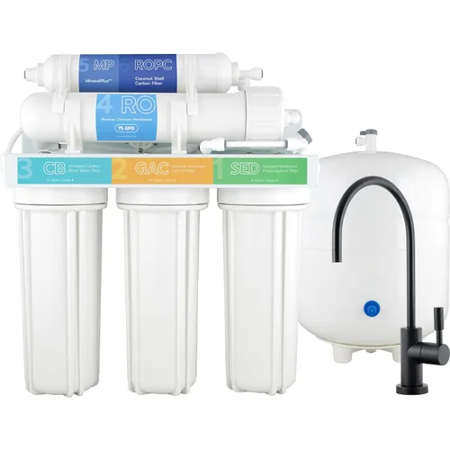 SpiroPure Sistema de ósmosis inversa sin marca de 6 etapas con grifo de aire negro mate y bronce aceitado, filtro de agua de RO genérico debajo del