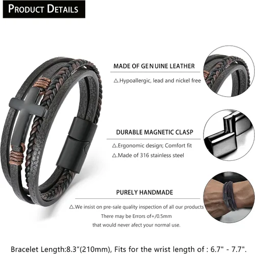 Miniatura 6 de Pulsera de cuero para hombre con cruz de fe trenzada de múltiples capas, pulsera religiosa para hombres y mujeres