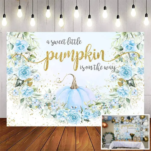 Avezano Telón de fondo de calabaza azul para baby shower para niño, decoración de fiesta de otoño con texto en inglés "A Little Pumpkin Is On The