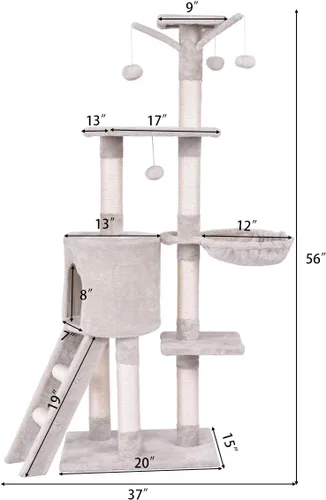 Miniatura 6 de Tangkula Árbol para gatos de 56 pulgadas, torre para gatos de varios niveles con poste rascador de sisal y escalera, área de juegos grande