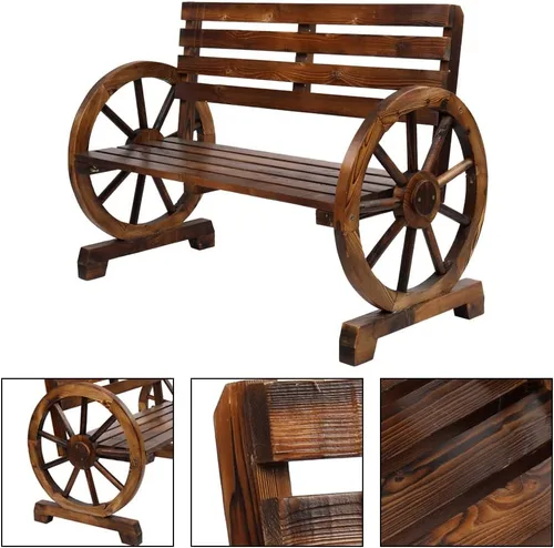 Miniatura 4 de Outvita Banco de ruedas de madera para carro, muebles rústicos de salón al aire libre, banco de asiento para 2 personas con respaldo y listones