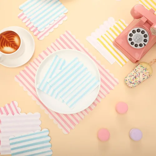 Miniatura 5 de Tenceur Paquete de 100 servilletas festoneadas en colores pastel con rayas mixtas de helado de 5 x 5 pulgadas, servilletas de papel desechables