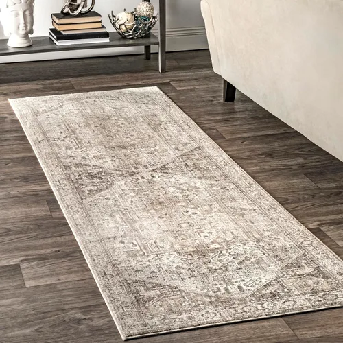 nuLOOM Harriet - Alfombra vintage con flecos de medallón, alfombra tradicional de 2 x 8 pies, neutro/beige, para sala de estar, dormitorio, comedor,