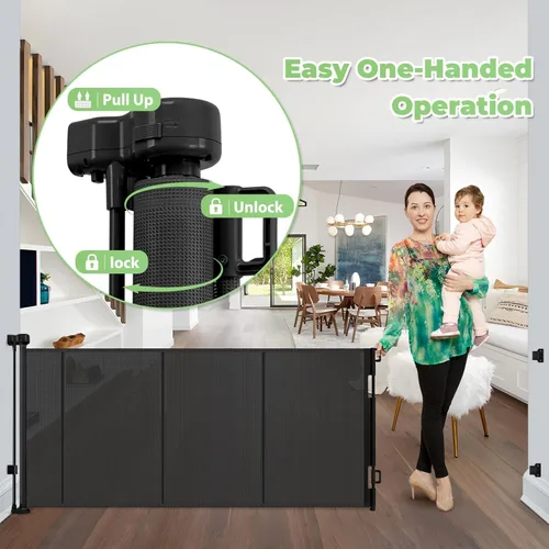 Miniatura 5 de Puerta retráctil reforzada de 96 pulgadas de ancho con varillas de apoyo, puerta retráctil extra larga para perros, puertas exteriores para Negro